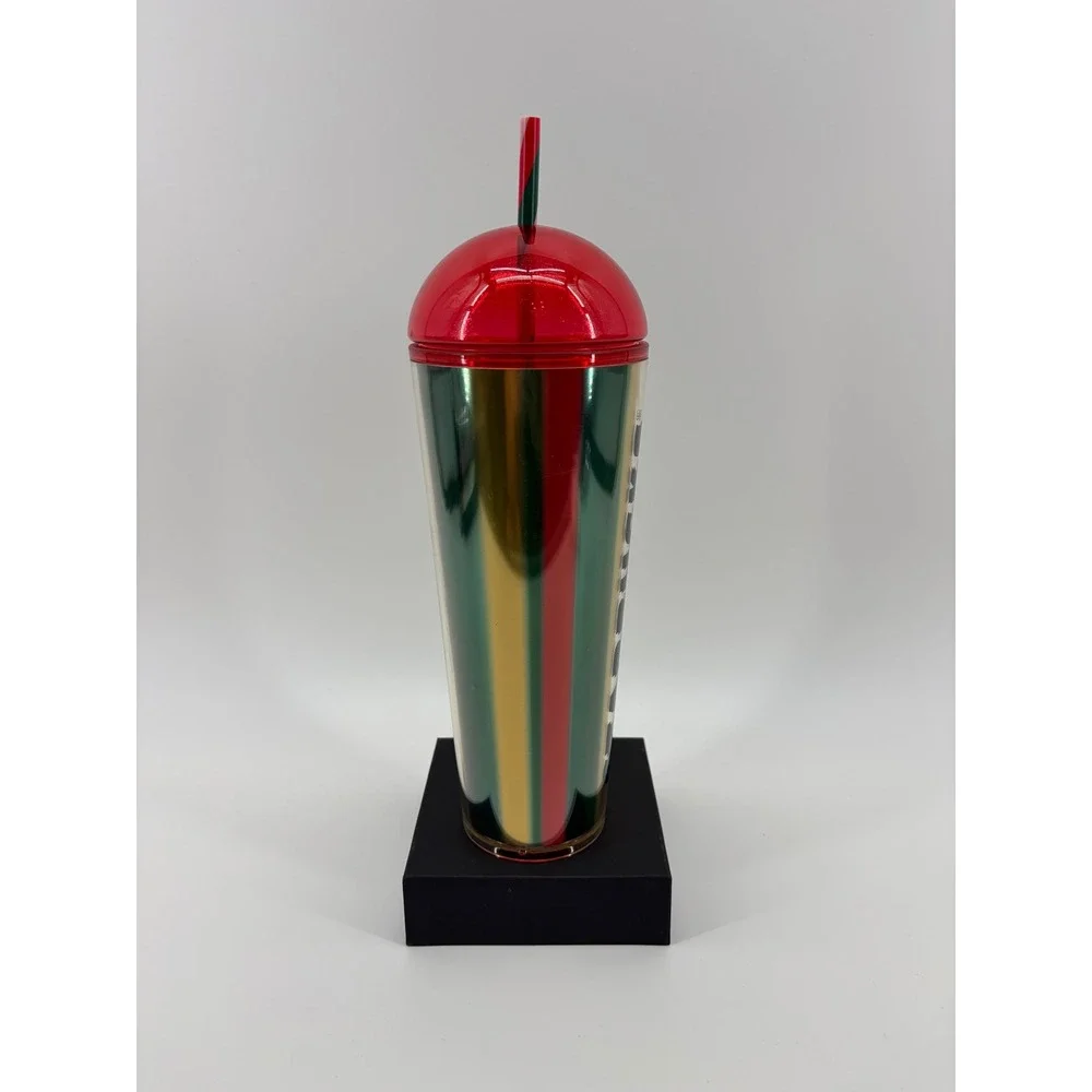 Starbucks 24oz Red Green Gold Striped Limited Edition Holiday Dome Lid Cold Cup